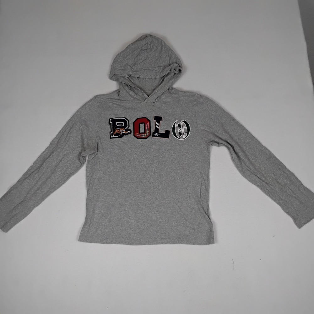 Polo Ralph Lauren Boys XL 18-20 Gray POLO Patchwork Logo Hoodie Sweatshirt